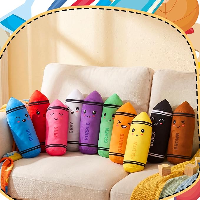 Soulchen 10 Colors Crayon Plush Toy for Kids Classroom 11.8 Inches Crayon Decoration Back to School Pillow Toddler Preschool Reading Room Decor
