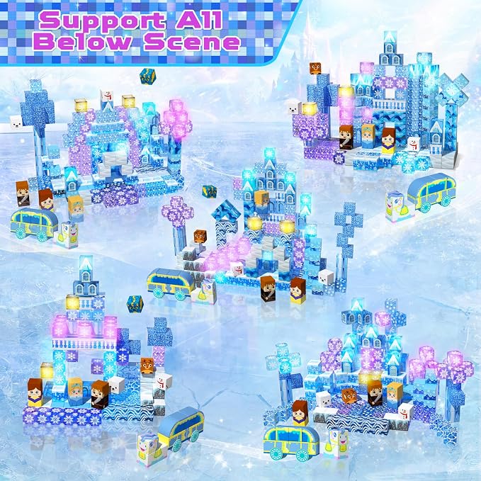 200 PCS Light Up Magnetic Blocks, Transparent Magnetic Building Block for Blue Snow Princess Castle, Frozen Magnet Cubes STEM Toys for Girls Age 3 4 5 6 7 8 9 10 11 12 13 Birthdays Gift for Kids