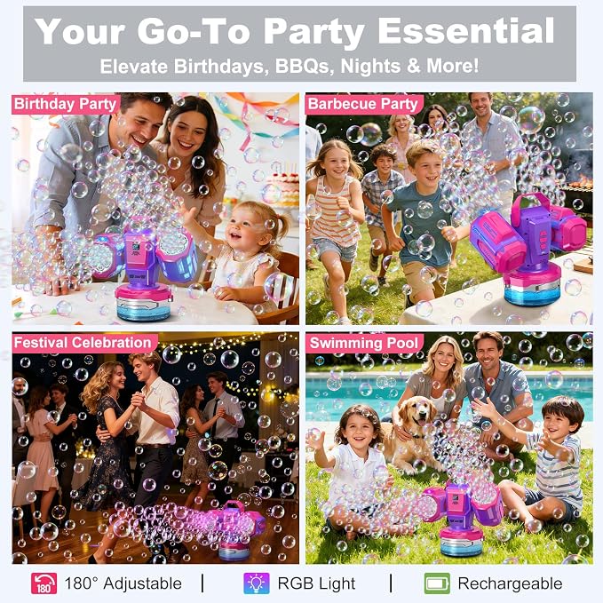 Rechargeable Bubble Machine with RGB Lights: 30,000 Bubbles/Min Storm, Auto 360° Rotation, Battery% Display - Remote Control Bubble Maker for Romantic Wedding, Kids Party & Outdoor Events