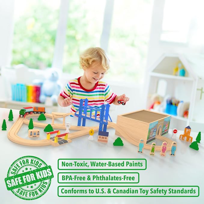 Wooden Train Set Deluxe 52 Pcs with Storage Gift Box Tunnel 9 Layouts Magnetic Trains STEM Montessori Toys Playset for Grandkids Toddler Boys Girls Kids 3+ compatible with Thomas Brio Melissa and Doug