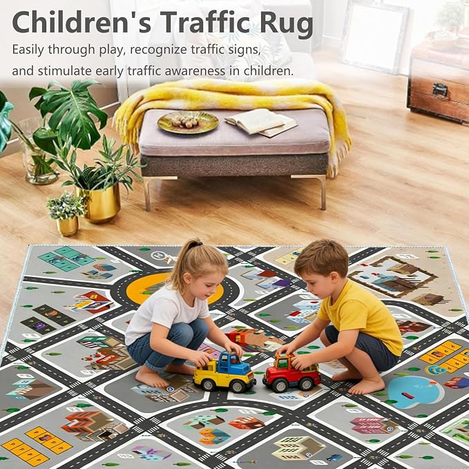 Kids Rug Play Mat Great for Playing with Cars and Toys,Educational Kid Road and Traffic City Life Carpet,Children Baby Fun Throw Rug for Bedroom Play Room,31X47Inch/80X120CM