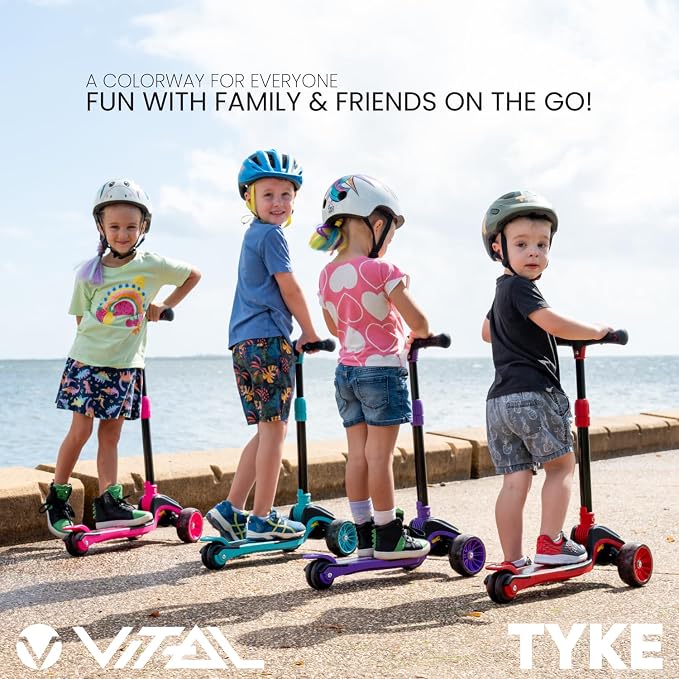 Vital Tyke 3 Wheel Toddler Scooter | LED Wheels, Foldable, Tool-Free Adjustable Handlebar & Removable Seat Scooters for Kids 3-5 and kick Scooters for Kids 5-7 up to 110lbs