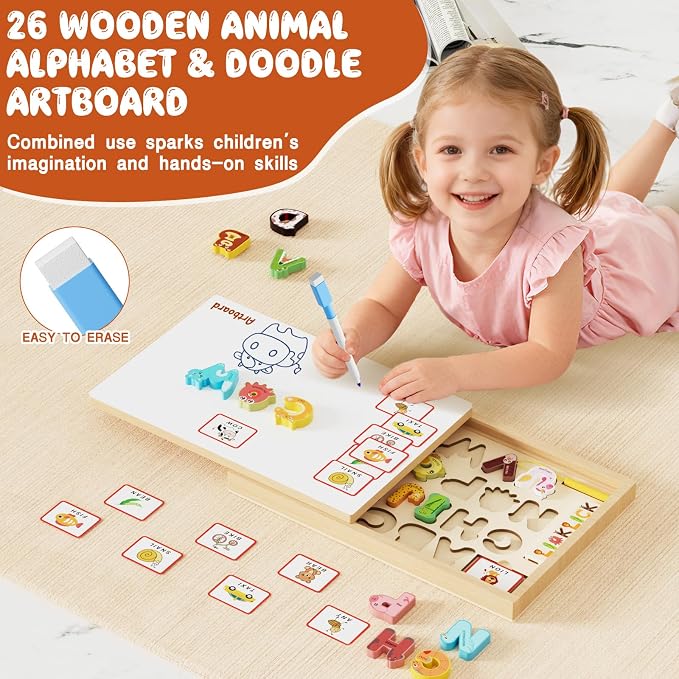 4-in-1 Magnetic Color and Number Maze, ABC Animal Alphabet Puzzles with Drawing Board, Wooden Montessori Toy Storage Box for 3-5 Year Old, Toddler Educational Learning Toy for Kids Boys Girls