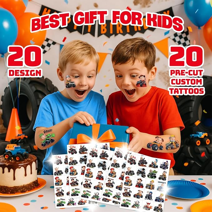 Custom Monster Truck Temporary Tattoos for Kids - Personalized Pre-Cut Face Photo Tattoos - Fun Birthday Party Favors for Boys, Monster Truck Fans - Set of 20 Unique Celebration Gifts