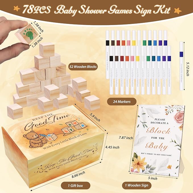 77 PCS Shower Games Sign Kit for Boys Girls, 1 Wooden Game Sign, 52 Blank Wooden Blocks for DIY Drawing, 24 Markers, Shower Game for Gender Reveal Activity, Shower Ideas Decorations