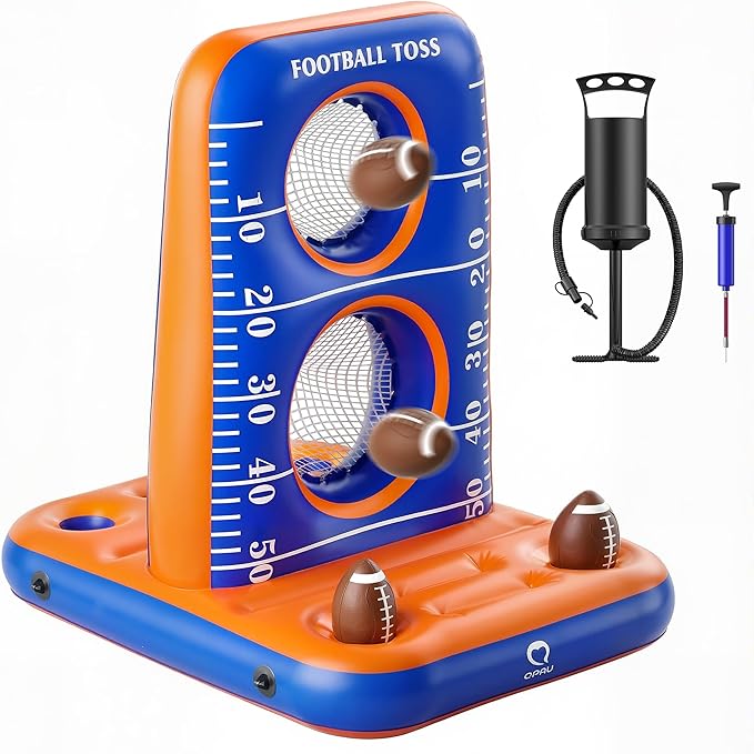 QPAU Inflatable Football Toss Game for Pool – Water Football Target with 4 Balls & 2 Pumps, Dual Net Design, Stable Base, Summer Pool Game for Kids & Adults (Blue+Orange)