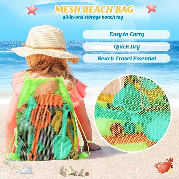 HUITEM Beach Sand Toys for Kids Sandbox Toys with 2 Collapsible Bucket Sand, 2 Dump Truck, Dinosaur Molds, Sand Castle Kit, Shovel Sieve,Flags,Mesh Bag Travel Beach Toys for Toddler 3-10