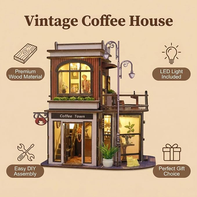 DIY Book Nook Kit, DIY Miniature House Wooden Coffee Shop Dollhouse with LED Light, 3D Wooden Puzzle for Adults & Teens Creative Bookshelf Decor, Craft Hobby Gift