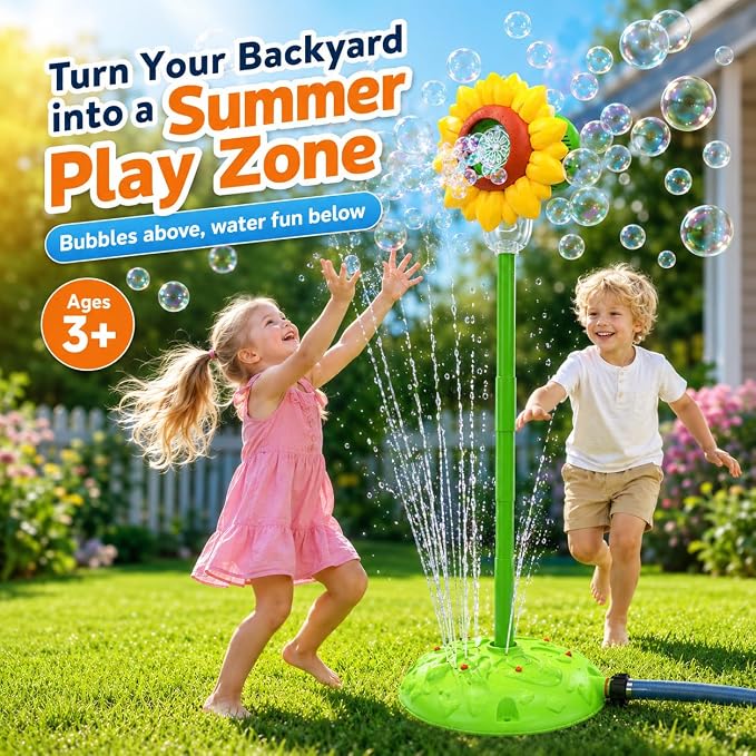 Sunflower Water Sprinkler with Bubble Machine, 4-in-1 Outdoor Sprinkler Toy for Kids with Bubbles, Lights and Music, Garden Hose Splash Toy for Backyard and Summer Parties(Sunflower)