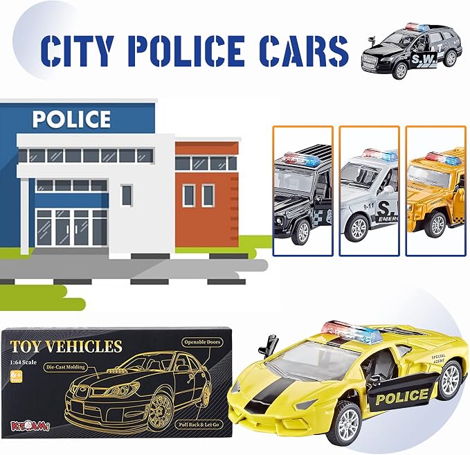 KIDAMI Die Cast Metal Toy Cars Set of 5, Small Cop Openable Doors Pull Back Car Gift Pack for Kids (Police Car)