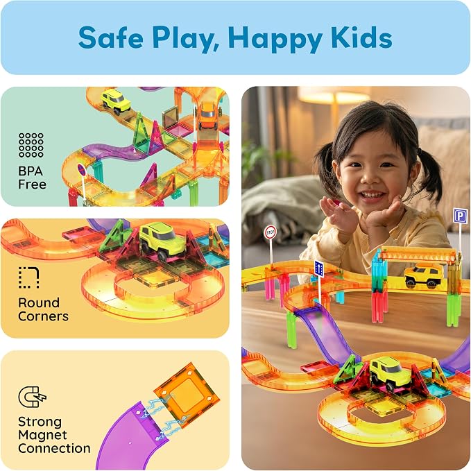 PicassoTiles 60pc Magnetic Tile Race Car Track Set STEM Construction Road Kit Building Blocks for Kids Toddlers Age 3 Plus Educational Travel Toy Sensory Preschool Learning for Boys and Girls PTMR60