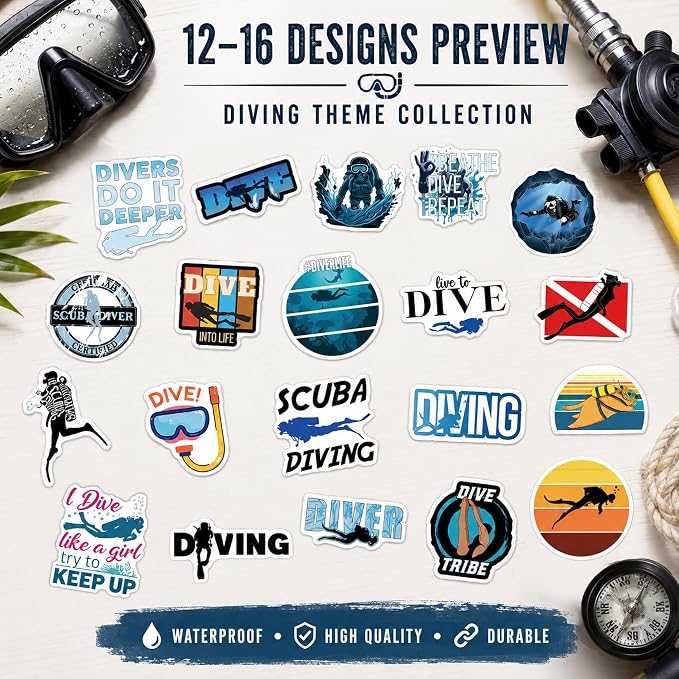 QTL Diving Stickers for Teens Adults, Diving Party Supplies, Waterproof Vinyl Stickers for Water Bottles and Laptop, 55PCS