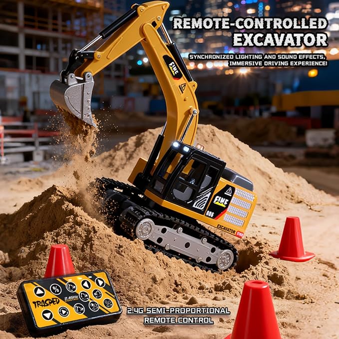 GRANTLEY 1/64 Remote Control RC Excavator Toy,Metal Rechargeable Mini Excavator Toy,RC Construction Vehicles with Lights & Sounds,STEM Birthday Gift for Boys and Girls Ages 4-12