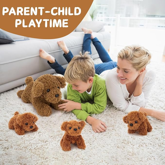Muiteiur 4 Pcs Dog Stuffed Animal Set, 18.5 Inch Teddy Dog with Puppies, Brown Dog Plush for Kids Girls Boys, for Birthday Theme Party, Fun Decor