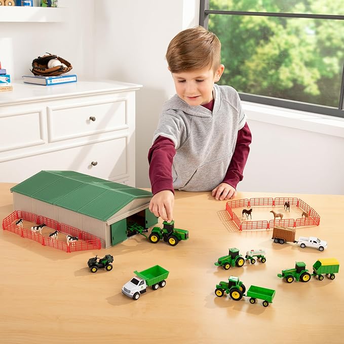 TOMY John Deere Die-Cast Farm Toys Playset - 1:64 Scale - Includes Farm Animals, Machine Shed, Toy Tractors, Toy Trucks, and Farm Tools - 70 Count - 8 Years and Up