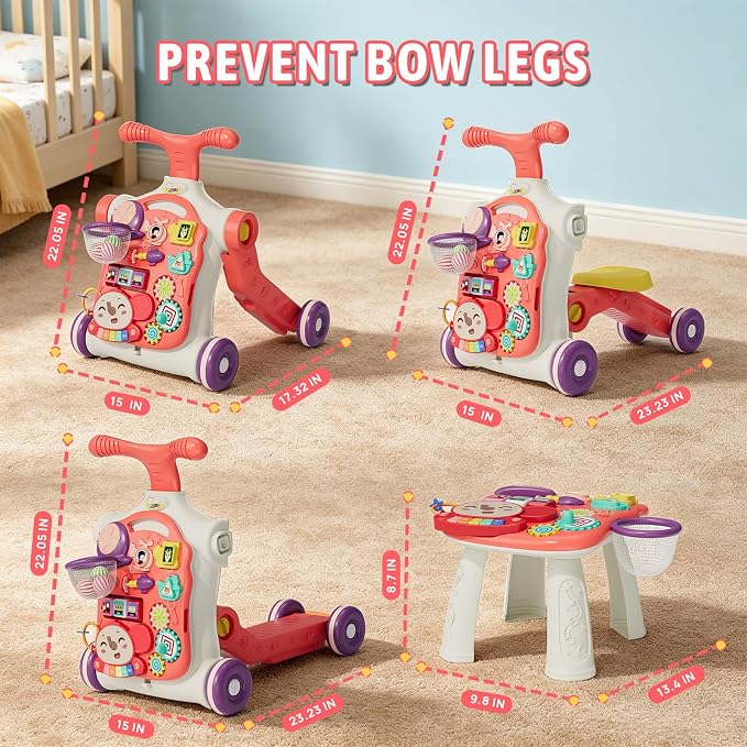 QDRAGON 5 in 1 Walker for Baby Girl, Baby Push Walkers, Assemble as Scooter/Motorbike/Activity Center/Detachable Panel, Walking Toys for Infants, Red