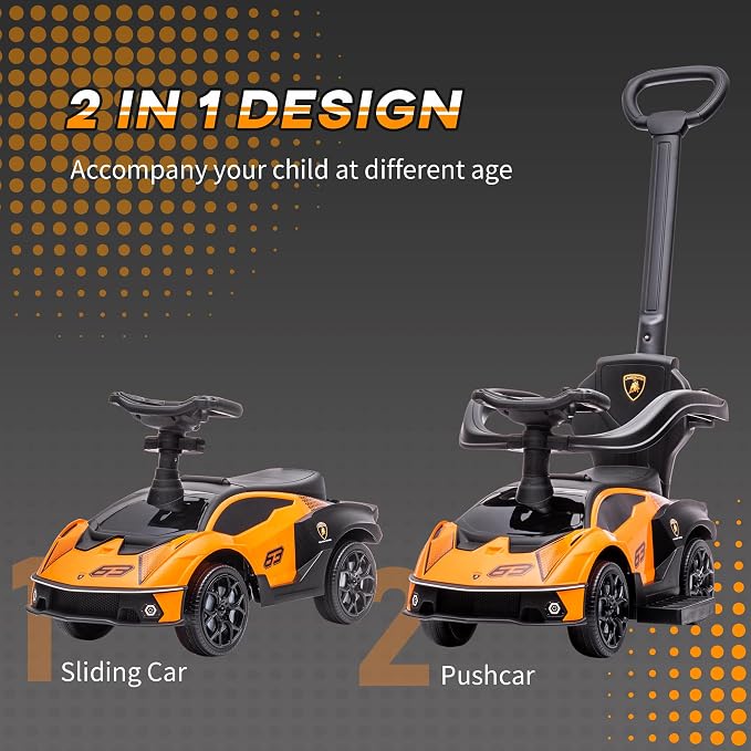 Aosom 2-in-1 Ride On Push Car for Toddlers 1-3, Licensed Lamborghini Stroller Sliding Car, Push-Along with Under Seat Storage Horn Engine Sound and Steering Wheel, Manual, Orange