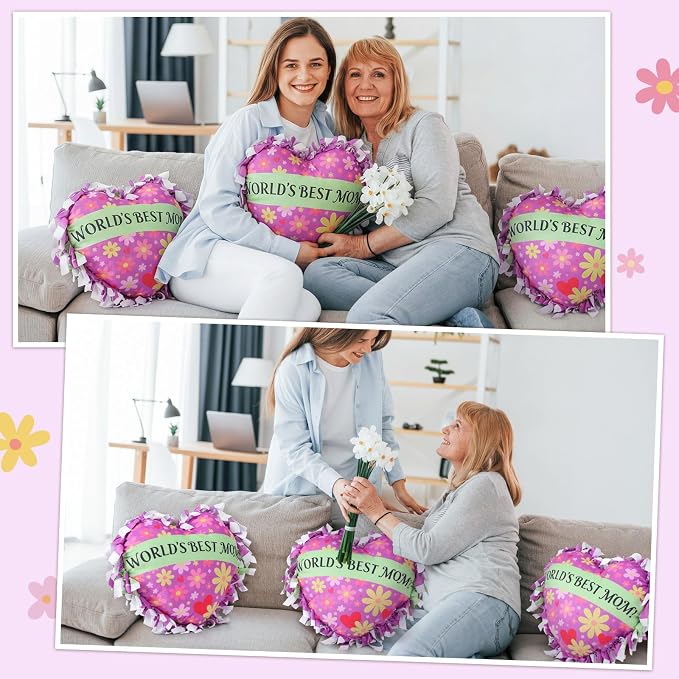 Weysat 6 Sets Mother's Day Heart Tied Pillow Craft Kit DIY World's Best Mom Pillow Craft Gifts with PP Cotton Flower Love Heart Cushion Covers for Love Grandma Wife Mother's Day Party Decor