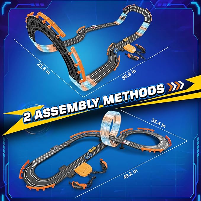 Slot Car Race Track Sets with 4 Slot Cars, Ideal Birthday Xmas Gifts Toys for Kids Boys Ages 6 7 8-12, Battery or Electric Race Car Track Set with Dual Racing Game, Flash Circular Track, Lap Counter