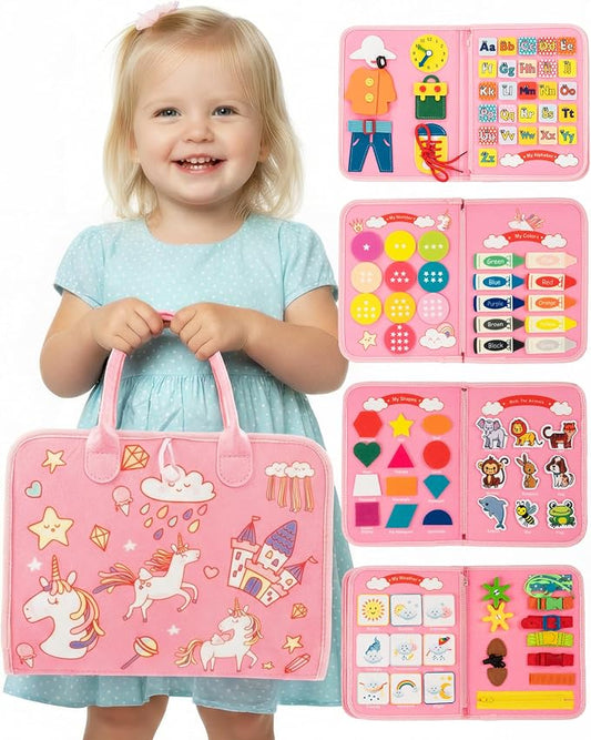 Pink Montessori Busy Board for Toddlers,8-Page Sensory Activity Book for Fine Motor Skills & Basic Dress Learning, Portable Travel Toy for Preschool Kids, Portable Travel Gift for Preschool Girls