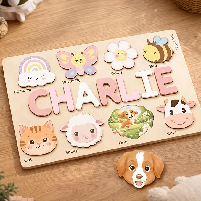 Personalized Name Puzzle for Toddlers 1-3, Custom Wooden Name Puzzle Gift for Baby Girls Boys, Personalized Baby Shower & First Birthday Gift, Montessori Learning Toy, CPC Certified (Animal Puzzle)