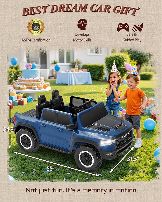 First Ride On 24V Ride On Toys for Big Kids, RAM 1500 RHO 2 Seater Ride on Car w/Remote, Battery Powered Truck w/ 4 Wheels Suspension, Toddler Car w/Bluetooth, LED Lights, Trunk & High Doors