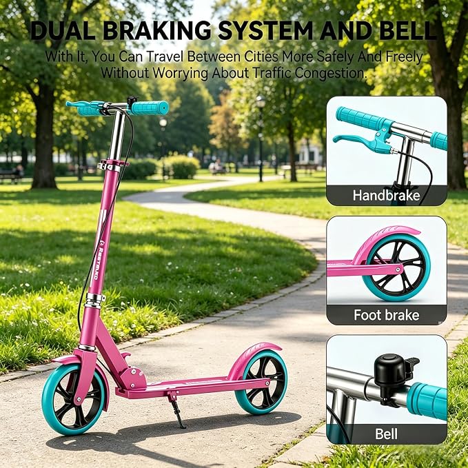 Scooters for Kids 8-12, Teens & Adults - Foldable&Portable Commuter Scooter with 8" Wheels, Bell, Hand Brake & Adjustable Height 30"-40.5", 240 lbs, Manual Push Scooter for Campus & Park