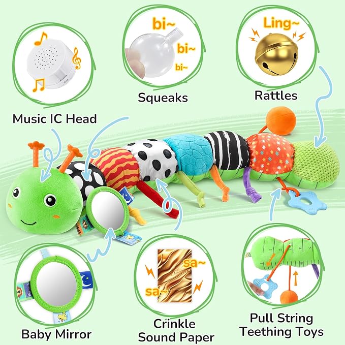 AWOTOY Baby Toys Sensory Music Caterpillar Stuffed Animal Infant Toys,Green | Teething Toys 0-3-6-12 Months Tummy Time with Mirror Crinkle Rattle&Pull String for Newborn Boys Girls Shower Gifts Birthday