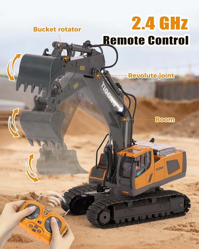 HuiJuKeJi 11-Channel Remote Control Excavator Toy, Rechargeable 2.4 GHz RC Construction Vehicle for Kids, 680° Rotation | Metal Shovel | Lights & Sounds, for Boys Ages 6-12