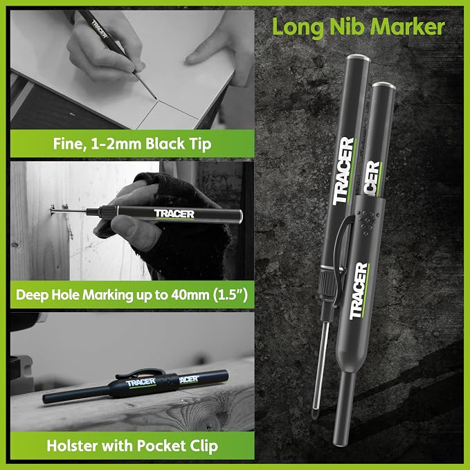 Tracer 5 Piece Construction Marker Kit - Deep Hole Carpenter Pencil Set with 2 Deep Hole Marking Pens, Heavy Duty Clog-Free Marker, 2.8mm Replacement Leads & Storage Case for Woodworking Tools