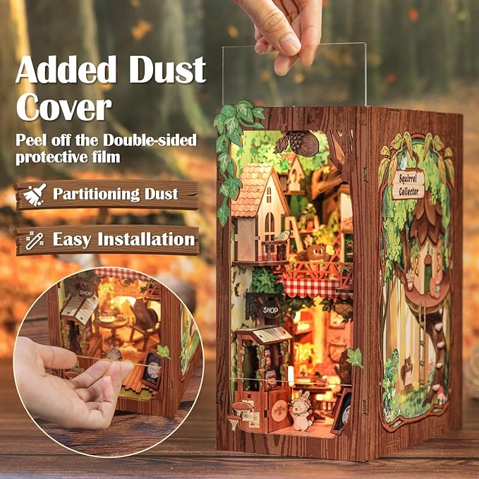 Cutefun Book Nook Kit, DIY Miniature Booknook Kit for Adults, 3D Wooden Puzzle Bookend Bookshelf Decor with LED Light & Dust Cover Creative Crafts Gifts for Book Lovers (Squirrel Collector)