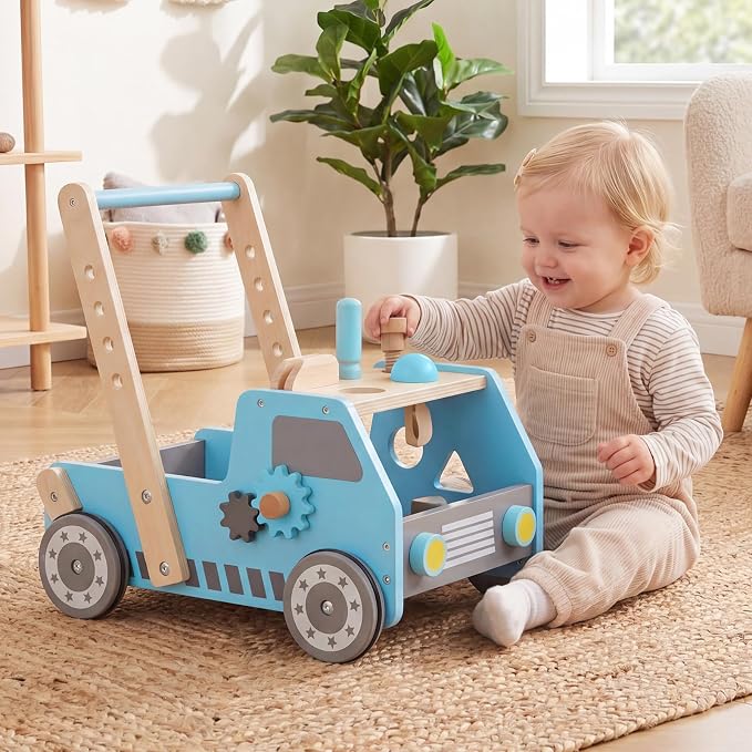 HONEY JOY Baby Push Walker, Adjustable Speed Baby Walker, Wooden Toy Tool Bench & Car Walker w/Shape Sorter, Develop Motor Skills & Creativity, Push Toys for Babies Learning to Walk, Gift (Blue)