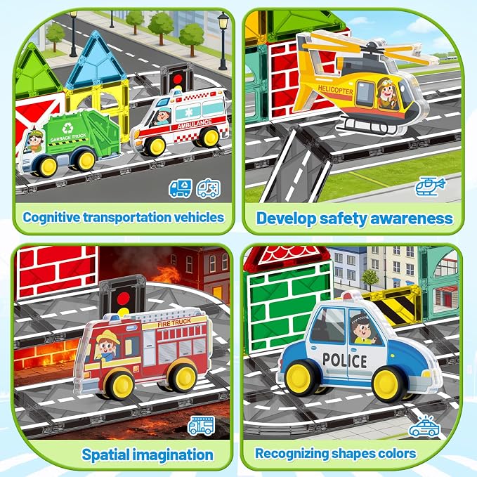 Toys City Cars Road Set for Magnetic Tiles, 5pcs Urban Traffic Preschool Educational Learning Toys for Kids Age 3-7, 3D Rescue Car Compatible with Magnet Tiles & Blocks