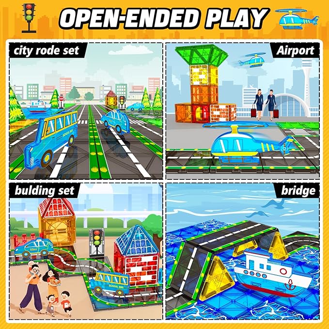 Magnetic Tiles City Road Set Kids Toys for 3 Year Old Boys Girls Magnetic Building Blocks with Cars Toys Construction Educational Magnets Tiles Gifts for Kids Toddlers Age 3-5 4-8 6 Christmas Birthday
