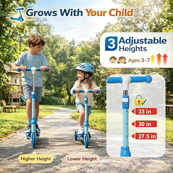 Kids Scooter Ages 3-7 - Three Wheel Preschool Toddler Kick Scooters,Safer Steering,Light Up Wheels, Adjustable Handlebar, Wide Anti-Slip Deck, Birthday for Boys Girls - Blue