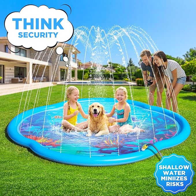Splash Pad Sprinkler for Kids & Dog, 75" Round Sea World Splash Pad for Toddler 1-3, Thicken Outdoor Water Toy Play Mat for Children, Backyard Inflatable Sprinkler Shallow Pool Fountain Pad