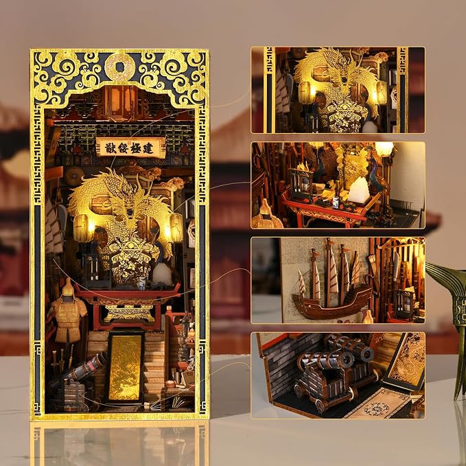 MiniCity DIY Book Nook Kit for Adults, 3D Wooden Puzzle Bookend Bookshelf Insert Decor with LED Light and Dust Cover (The Emperor's Study)