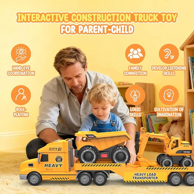 Toddler Toys for 3 4 5 6 Year Old Boys - 27" Large Semi Construction Carrier Truck Toy with Excavator and Dump Truck, 3-in-1 Friction Powered Transport Vehicle with Lights Sounds, Gifts for Boys