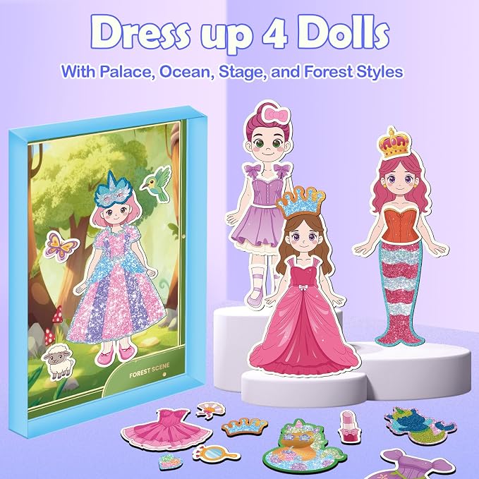 SOOVSY Magnetic Dress Up Dolls for Girls Ages 4-8, Princess Mermaid Fairy Ballerina Dress-Up Magnets with DIY Foil Art Craft Kit, Screen-Free Travel Activity Toy & Creative Gift for Kids