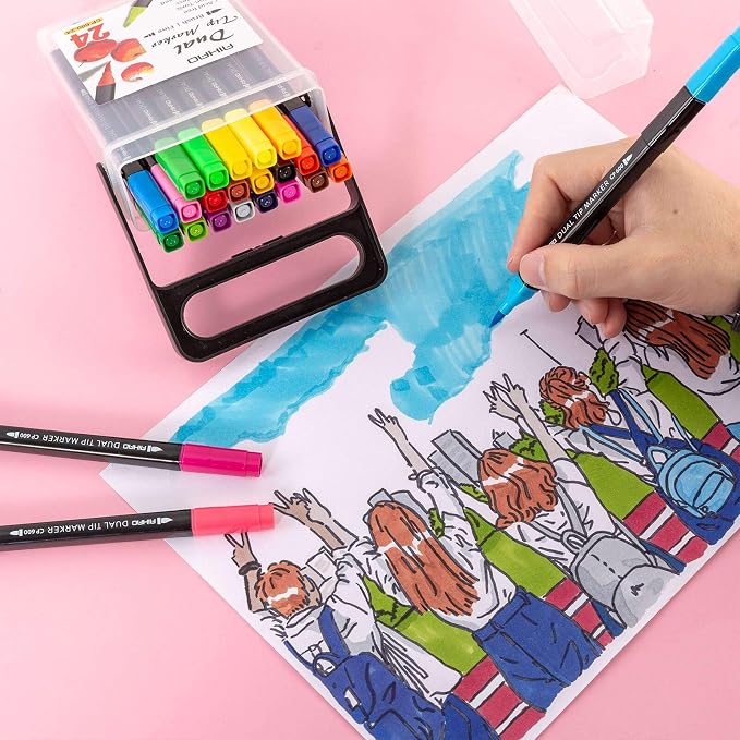 AIHAO Markers for Kids,Washable Markers With Stand Portable Box,Dual Tip Set, Brush & Fine Tips, 24 Pack, Art Supplies for Coloring, Doodling, Sketching, Drawing, Journaling