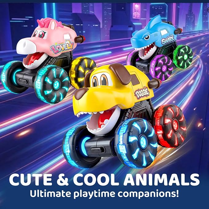 Tsomtto Press and Go Cars Monster Truck Toys Animal Cars for Toddlers, Press and Go Cars Toys for 2 3 Year Old Boys Girls Gift, Light Up Animal Cars for 2 3 Two Year Old Birthday