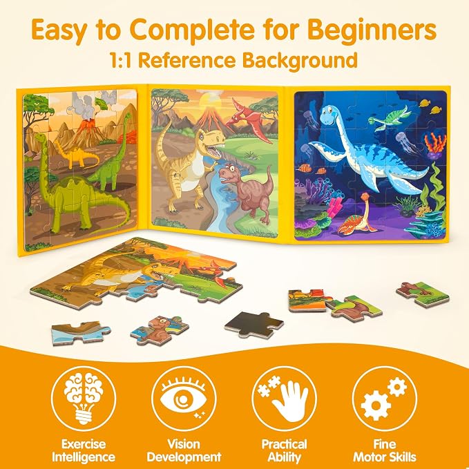 SYNARRY Magnetic Dinosaur Puzzles for Kids Ages 3-5, 20 Pieces Puzzles for Toddlers 4-6, Easter Basket Stuffers Gifts for Kids, Car Airplane Road Trip Activities Magnet Games Toy for Boys Girls