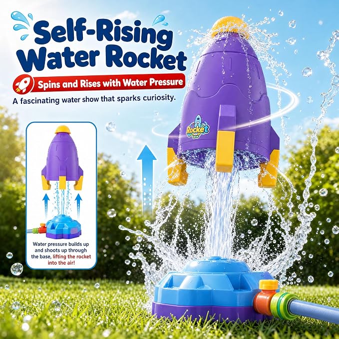 4 in 1 Kids Water Sprinkler Toys for Outdoor Play – Splash Baseball Sprinkler Tball, Foot Pump Rocket Launcher, Rotating & Water Rocket Sprinkler – Summer Backyard Water Toys for Ages 3-8