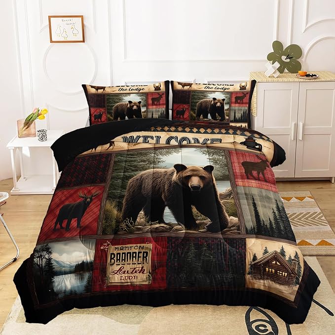AILONEN Rustic Bear Comforter Set Queen Size,Cabin Plaid Bear & Deer Hunting Bedding Set 3 Pieces,Wildlife Woodland Themed Duvet with 2 Pillowcases