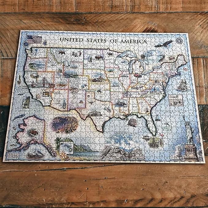 USA Map Cardboard Jigsaw Puzzle - 1000 Pieces, Hand-Illustrated - Educational, Family Activity, Ages 7+ - Includes Poster - 25.4 x 19.8