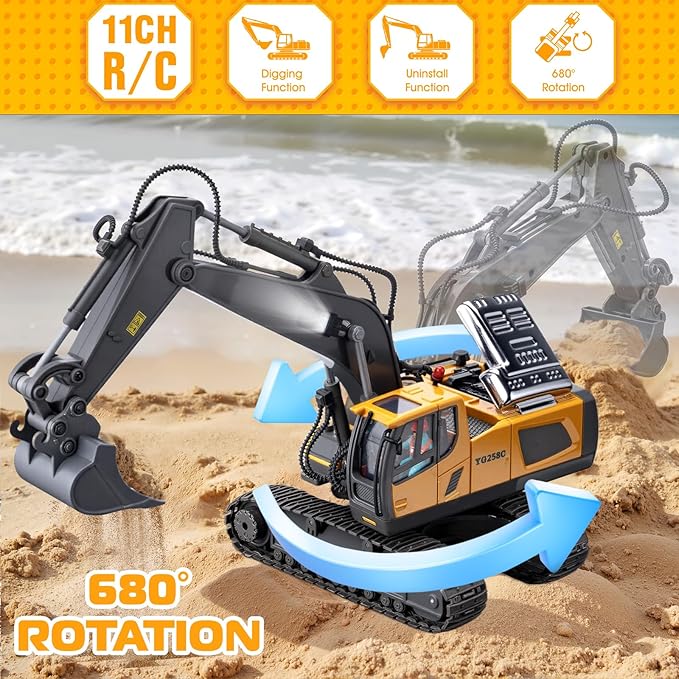 Samtop Remote Control Excavator Toys, 11 Channel 1:20 RC Construction Vehicles, 680° Rotation Car Toys for 6 7 8 9 10 Year Old Boys Kids, RC Truck Digger Toys Christmas 3 4 5 Birthday Gifts