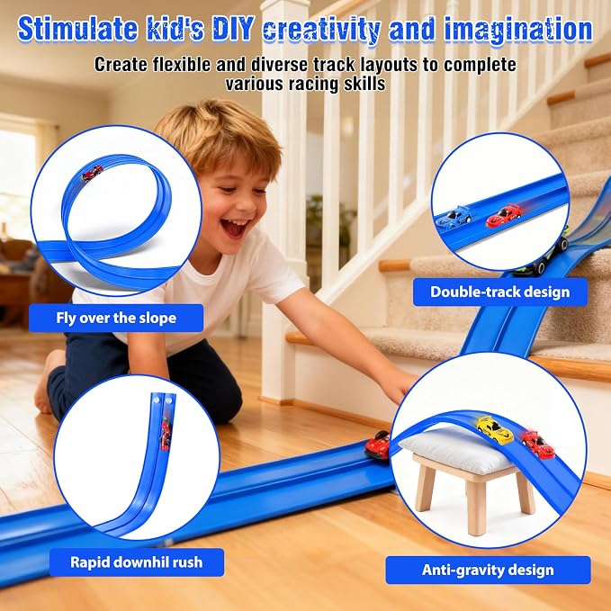 20 Ft Flexible Race Track Toys, Flex Race Car Ramp Track with 4 Race Cars & Suction Cups Rolls Up Portable DIY Race Track Anti Gravity Car Track Set,Kids Racecar Track Toy(Blue)