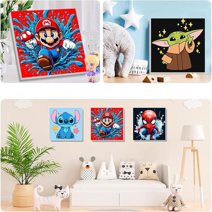 KOJEFCV 4 Pack Cartoon Paint by Numbers for Kids with Framed Canvas-with Wooden Easel, Paint by Number for Kids Ages 4-8-12, DIY Easy Acrylic Oil Painting Kits for Home Wall Decor (8X8inch)