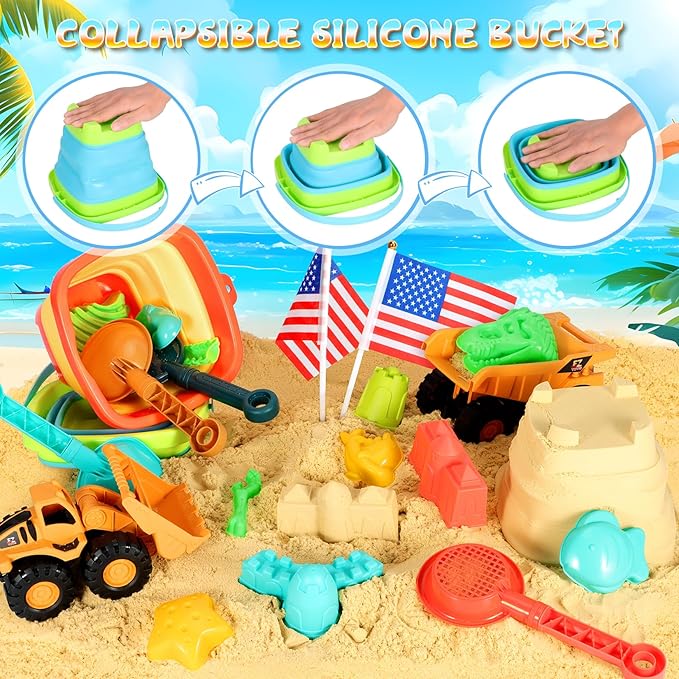 HUITEM Beach Sand Toys for Kids Sandbox Toys with 2 Collapsible Bucket Sand, 2 Dump Truck, Dinosaur Molds, Sand Castle Kit, Shovel Sieve,Flags,Mesh Bag Travel Beach Toys for Toddler 3-10