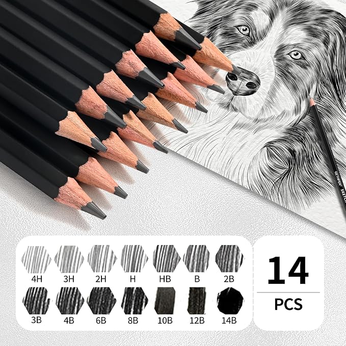 GETHPEN Professional Drawing Sketching Pencil Set - 14 Pieces Graphite Pencils(14B - 4H), Ideal for Drawing Art, Sketching, Shading, Artist Pencils for Beginners & Pro Artists